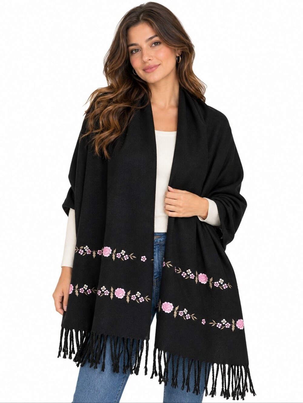 Cashmere Black Floral Embroidered Pashmina Shawl Wrap Fringe